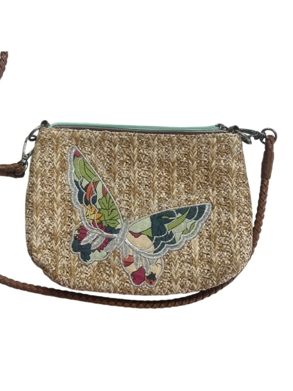 Sakroots Butterfly Embroidered Crossbody Straw Bag Braided Strap & Fabric Lining
